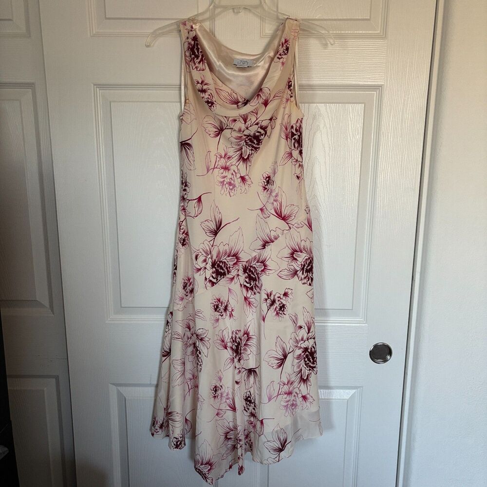 Ann Taylor Loft Cream Purple Floral Silk Cowl Neck Asymmetrical Midi Dress